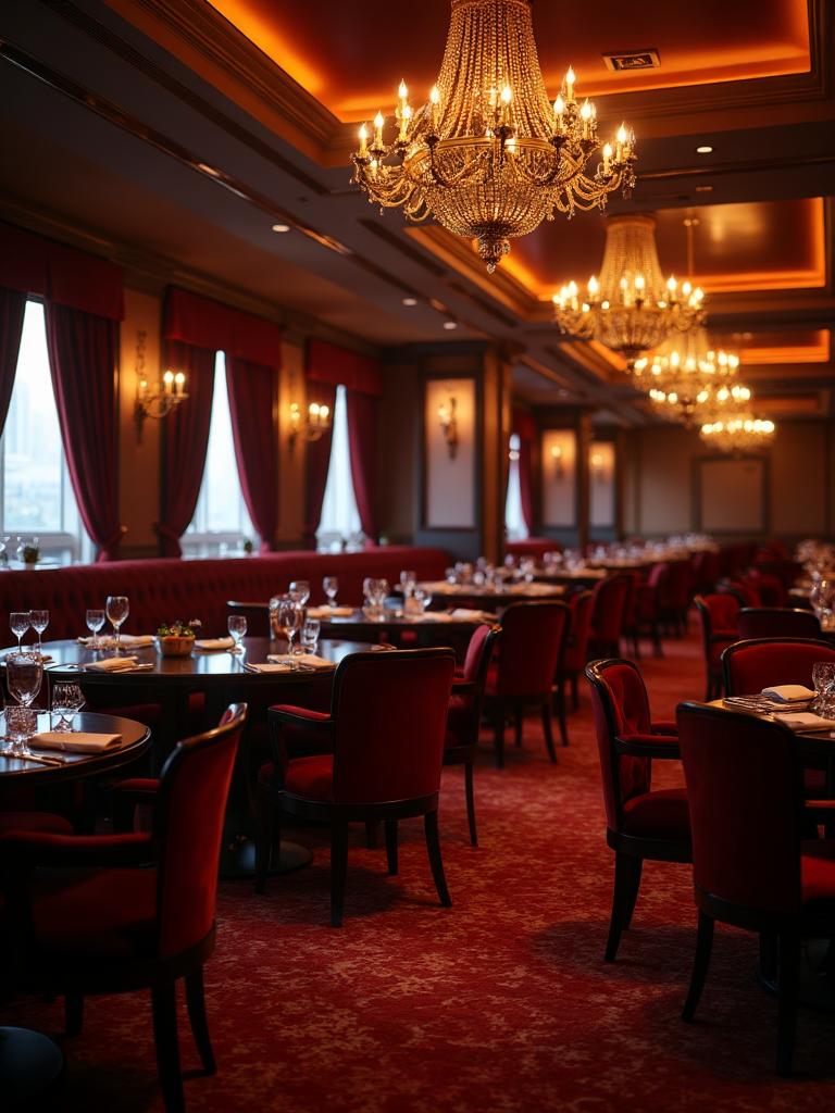 Atmosferyczne wieczorne zdjęcie wnętrza lokalu z miękkim oświetleniem