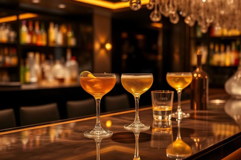 Złote refleksy światła na kieliszkach w barze AimSimple