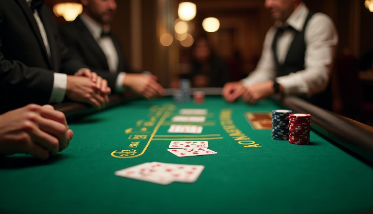 Rozdanie w blackjacku, karty na zielonym suknie i skupieni gracze.