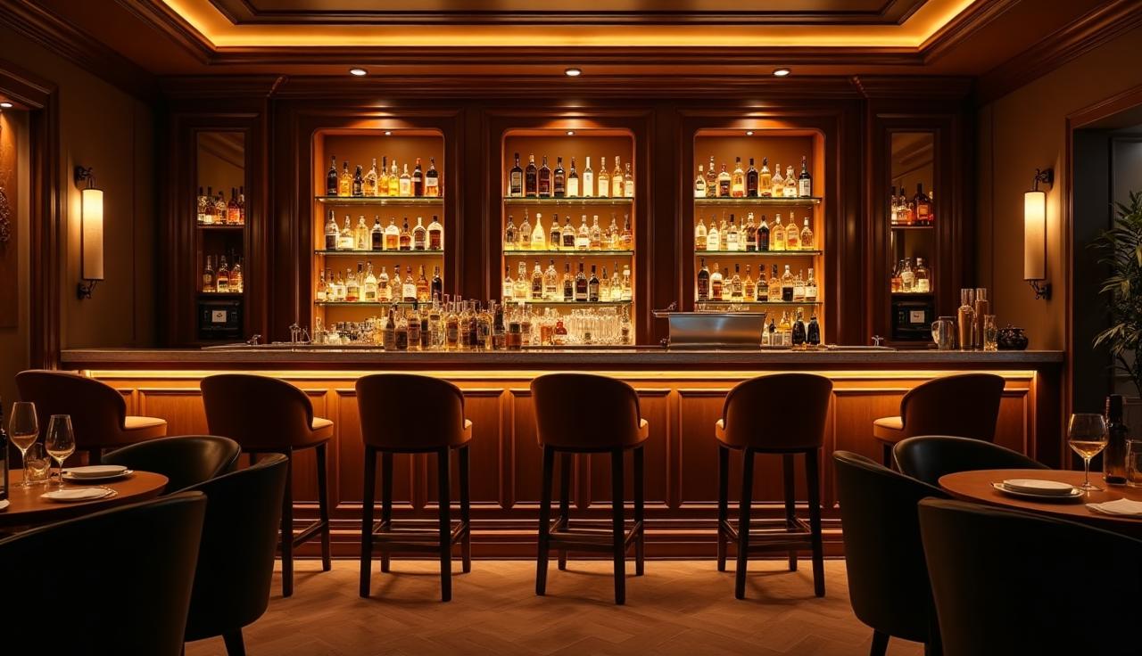 Widok na bar AimSimple z podświetlonymi butelkami i wysokimi stołkami.