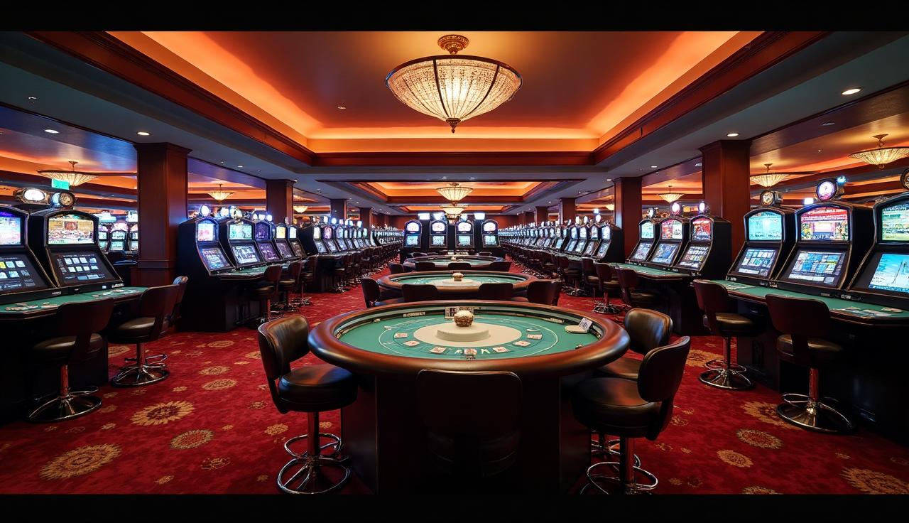 Szeroki kadr sali kasyna z kilkoma stołami do gry.
