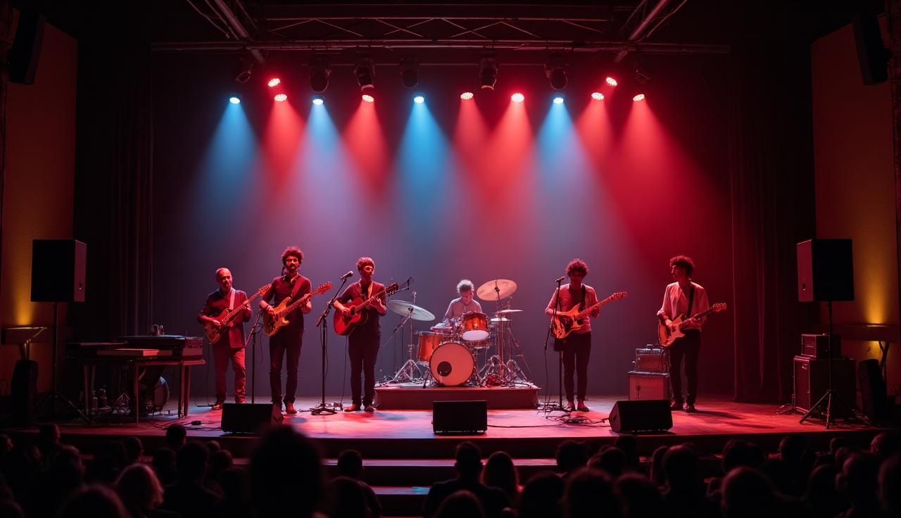 Muzyczna scena z instrumentami i światłem scenicznym.