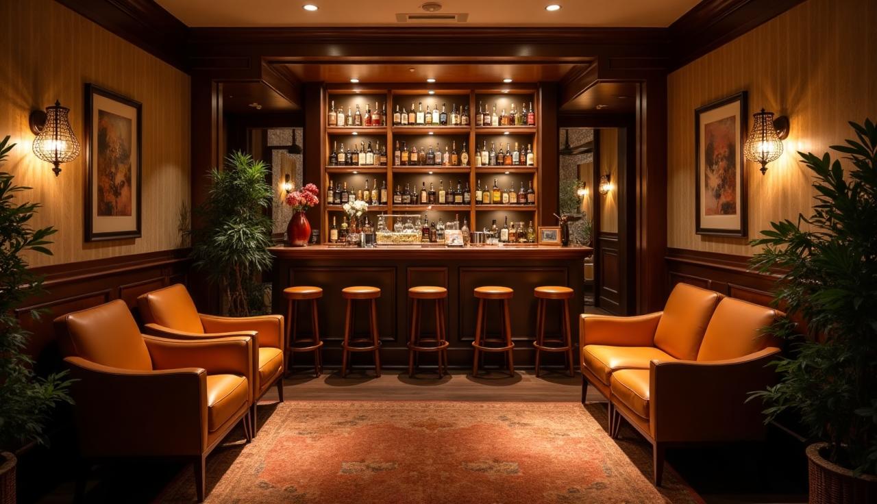 Nastrojowe wnętrze z miękkim oświetleniem i wygodnymi fotelami.